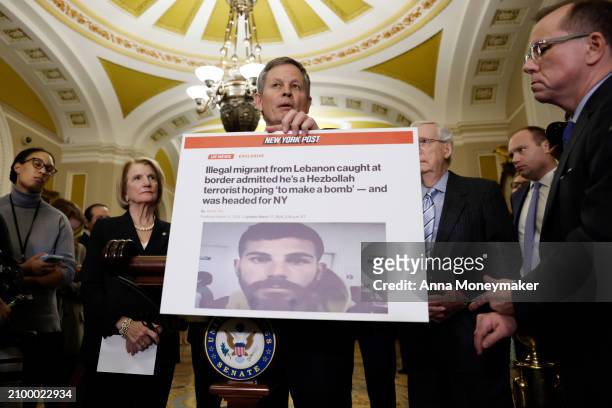 Sen. Steve Daines speaks during a news conference following a Senate Republican policy luncheon at the U.S. Capitol building on March 20, 2024 in...