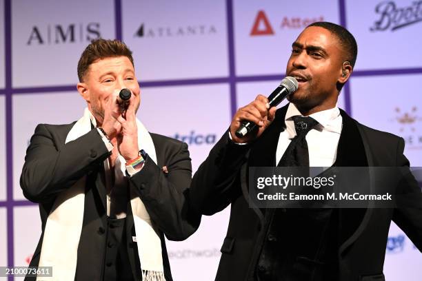 Duncan James and Simon Webbe from the group Blue perform on stage during The British Diversity Awards 2024 at Grosvenor House on March 20, 2024 in...