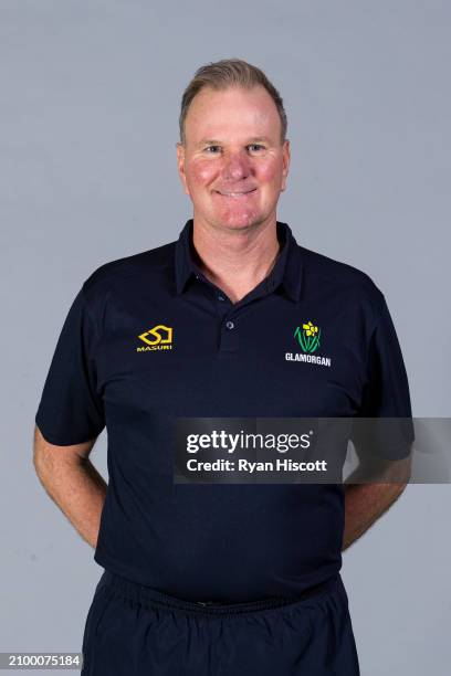 Grant Bradburn, Head Coach of Glamorgan, poses for a portrait during the Glamorgan CCC photocall at Sophia Gardens on March 18, 2024 in Cardiff,...
