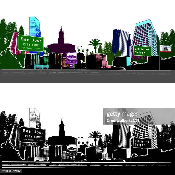 illustrazioni stock, clip art, cartoni animati e icone di tendenza di san jose california stilizzato paesaggio urbano - silicon valley