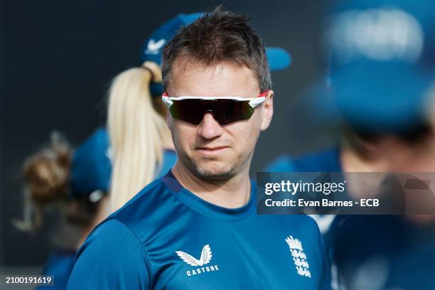 England team Analyst Chris Sykes during an England Women's T20 International squad training session at Saxton Field on March 21, 2024 in Nelson, New...