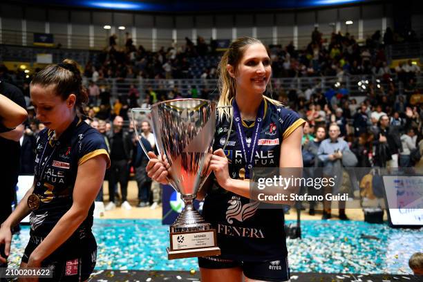 Kaja Grobelna of Reale Mutua Fenera Chieri '76 celebrates a victory of CEV Cup Women Volley 2024 during the match between Reale Mutua Fenera Chieri...