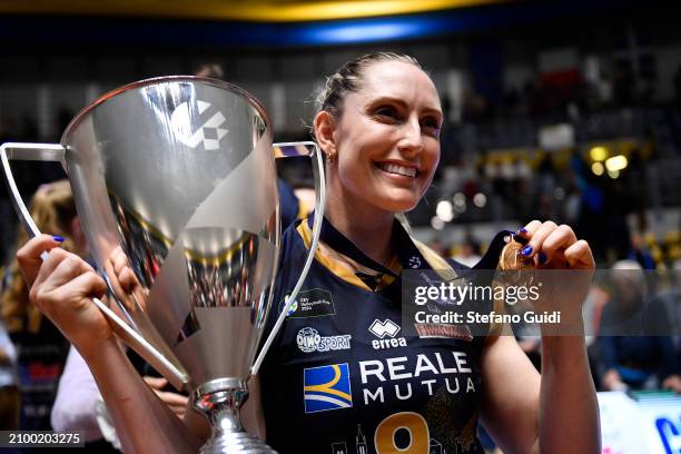 Madison Kingdon of Reale Mutua Fenera Chieri '76 celebrates a victory of CEV Cup Women Volley 2024 during the match between Reale Mutua Fenera Chieri...