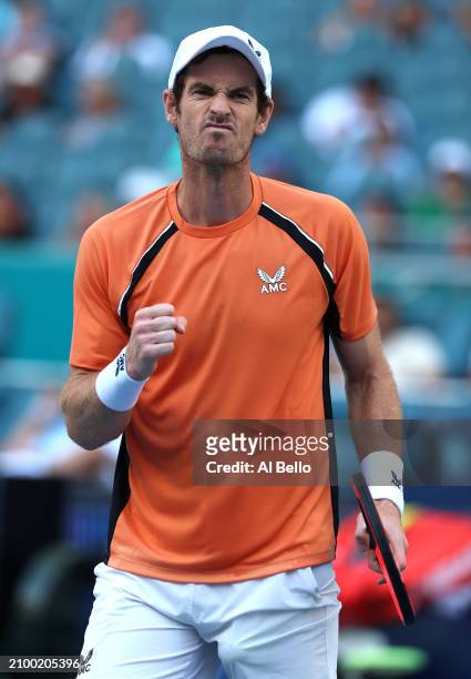 Andy Murray of Great Britain celebrates match point against Matteo Berrenttini of Italy during their match on Day 5 of the Miami Open at Hard Rock...