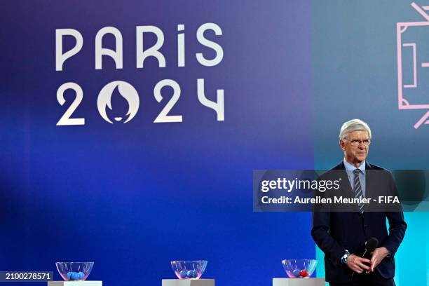 Arsene Wenger FIFA's Chief of Global Football Development looks on onstage before the Olympic football tournament final draw at Paris 2014 HQ on...