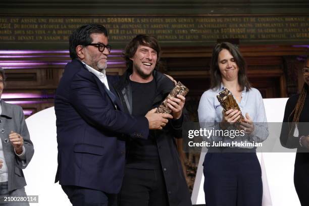 Producer Alain Attal, Producer Hugo Selignac and Director Jeanne Herry react after receiving the 2024 "Cesar des Lyceens" award at La Sorbonne...