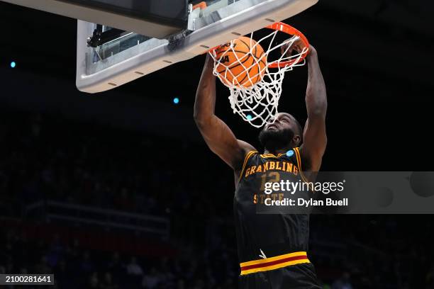 Jonathan Aku of the Grambling State Tigers dunks the ball against the Montana State Bobcats during the first half in the First Four game of the NCAA...