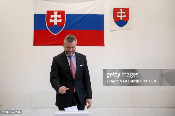 Chairman of the "Voice" political party and candidate for the Slovakian elections Peter Pellegrini cast his ballot during the first round of Slovak...