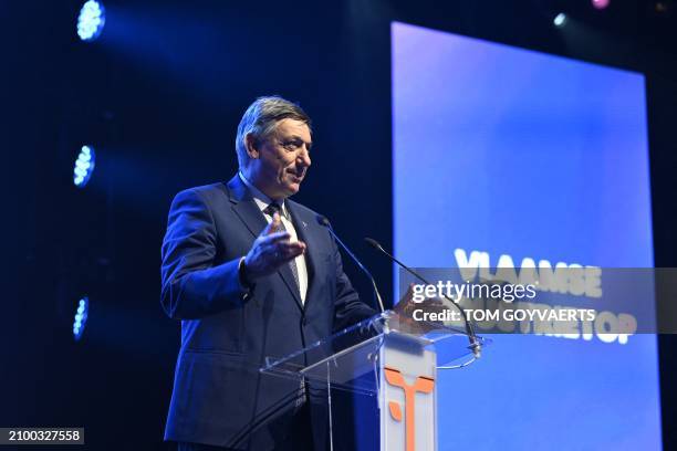 Flemish Minister President Jan Jambon delivers a speech at the first Flemish Industry Summit, during the Flanders Technology and Innovation Festival...