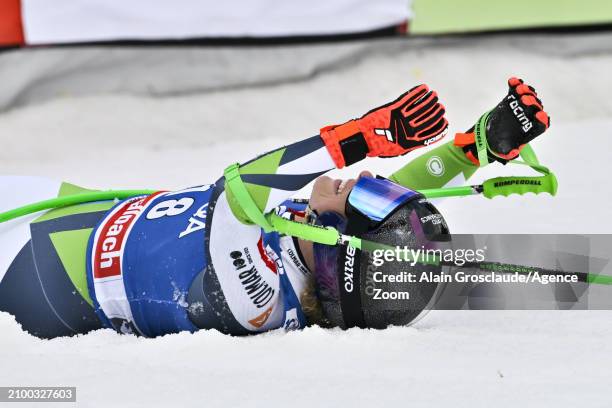 Ilka Stuhec of Team Slovenia celebrates during the Audi FIS Alpine Ski World Cup Finals Women's Downhill on March 23, 2024 in Saalbach Austria.