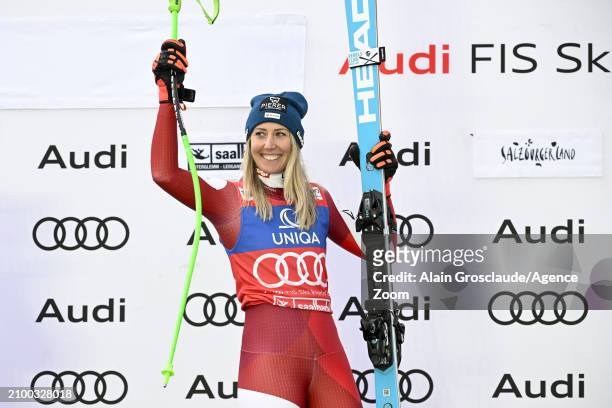 Cornelia Huetter of Team Austria takes 1st place during the Audi FIS Alpine Ski World Cup Finals Women's Downhill on March 23, 2024 in Saalbach...