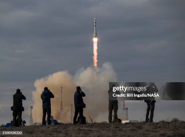 In this handout provided by NASA, The Soyuz rocket launches to the International Space Station with Expedition 71 NASA astronaut Tracy Dyson,...