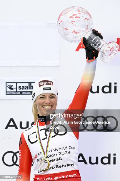 Lara Gut-behrami of Team Switzerland wins the globe in the overall standings during the Audi FIS Alpine Ski World Cup Finals Women on March 23, 2024...