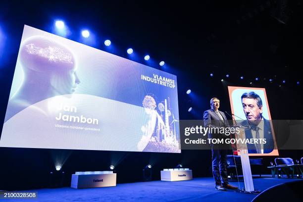 Flemish Minister President Jan Jambon delivers a speech at the first Flemish Industry Summit, during the Flanders Technology and Innovation Festival...