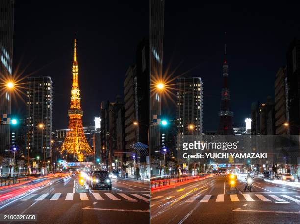 This combination of pictures created on March 23, 2024 shows the landmark Tokyo Tower illuminated and with lights turned off to mark the Earth Hour...