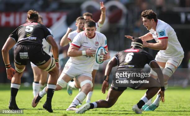 Durban , South Africa - 23 March 2024; Nick Timoney of Ulster evades the tackle of Gerbrandt Grobler, left, and Phepsi Buthelezi of Hollywoodbets...