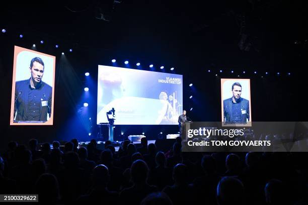 Flemish Minister of Employment, Economy, Social Economy and agriculture Jo Brouns delivers a speech at the first Flemish Industry Summit, during the...