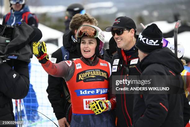 Canada's Marielle Thompson reacts after winning the women's big final of the FIS Men Ski Cross World Cup competition at Idre Fjaell, Sweden, on March...