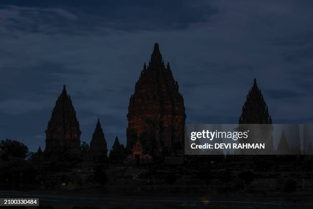 The Prambanan Temple, one of the largest Hindu temples in Southeast Asia and a UNESCO World Heritage Site, is pictured with its lights off during the...