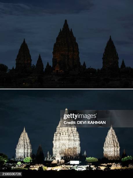 This combination of pictures created on March 23, 2024 shows the Prambanan Temple, one of the largest Hindu temples in Southeast Asia and a UNESCO...
