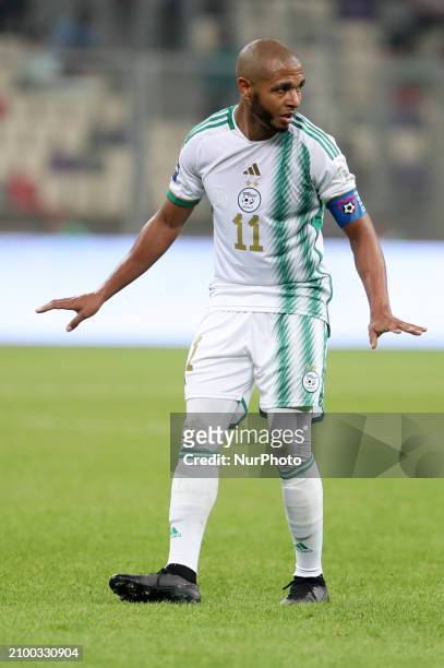 Yacine Brahimi, a player for the Algerian national team, is reacting during the international friendly football match between Algeria and Bolivia in...