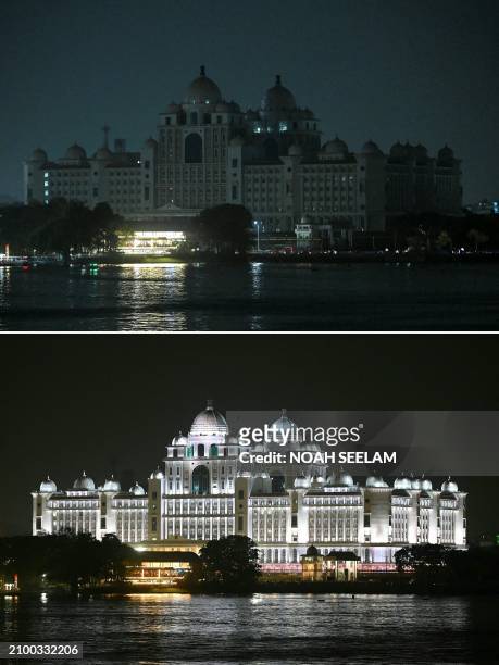 This combination of pictures created on March 23, 2024 shows The Telangana State Secretariat building pictured with its lights on and later on...