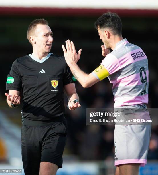 Partick Thistle's Brian Graham speaks to referee Steven Kirkland during a cinch Championship match between Arbroath and Partick Thistle, on March 23...