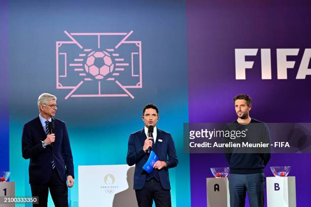 Arsene Wenger FIFA's Chief of Global Football Development, Fabien Leveque and Tony Estanguet President of Paris 2024 speak onstage before the Olympic...