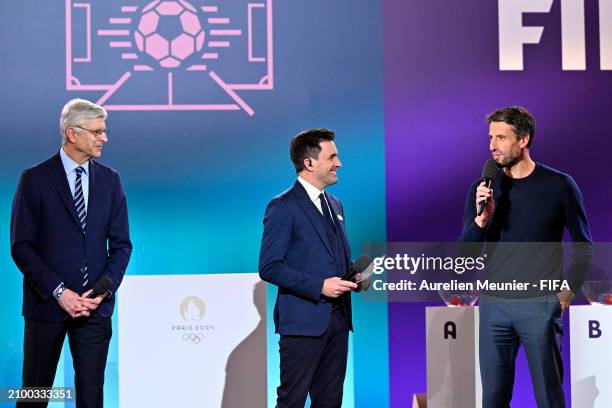 Arsene Wenger FIFA's Chief of Global Football Development, Fabien Leveque and Tony Estanguet President of Paris 2024 speak onstage before the Olympic...