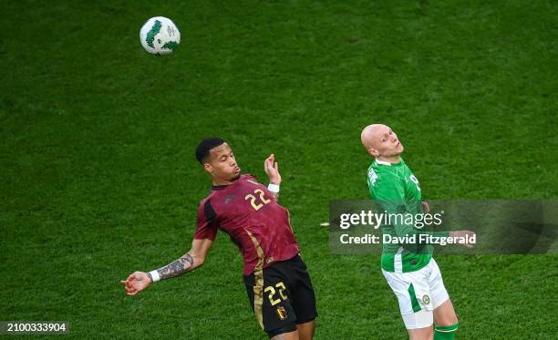 Dublin , Ireland - 23 March 2024; Will Smallbone of Republic of Ireland in action against Aster Vranckx of Belgium during the international friendly...