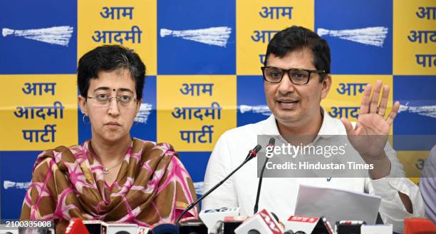 Delhi AAP Government Cabinet Ministers Atishi Singh, with Saurabh Bhardwaj during a press conference at party headquarter, on March 23, 2024 in New...