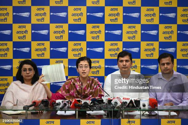 Delhi AAP Government Cabinet Ministers Atishi Singh, Saurabh Bhardwaj, and leader Priyanka Kakkar with Jasmine Shah during a press conference at...