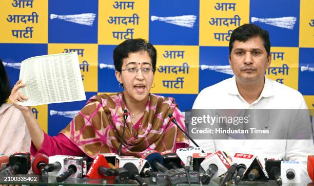 Delhi AAP Government Cabinet Ministers Atishi Singh, with Saurabh Bhardwaj during a press conference at party headquarter, on March 23, 2024 in New...