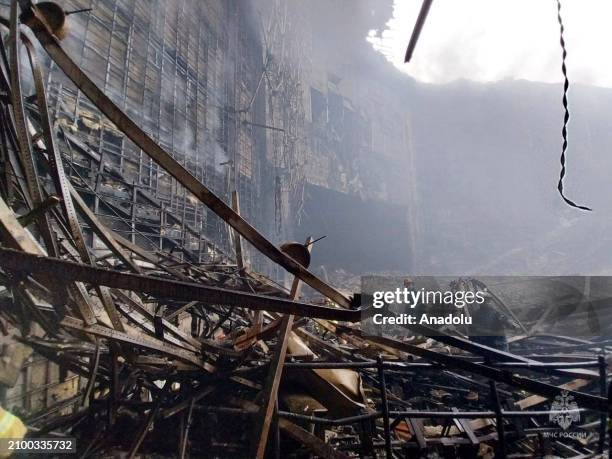 View of damage at Crocus City Hall concert venue as search and rescue operation continues aftermath of the concert hall attack at the concert hall in...