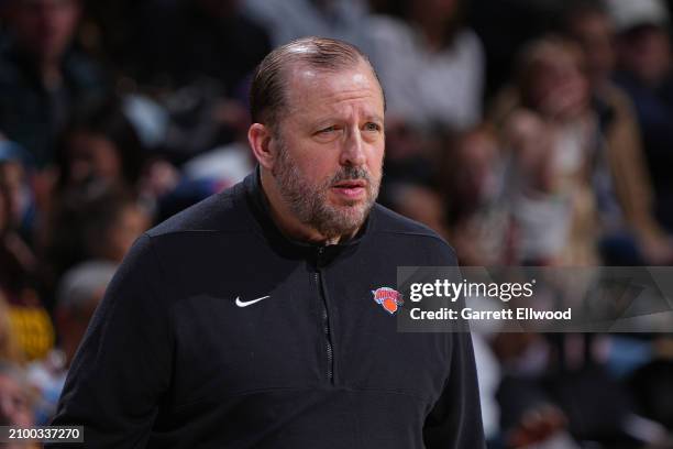 Head Coach Tom Thibodeau of the New York Knicks looks on during the game against the Denver Nuggets on March 21, 2024 at the Ball Arena in Denver,...