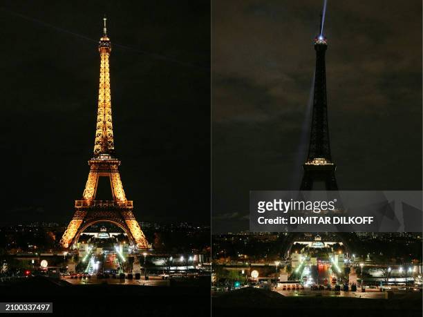 This combination of pictures created on March 23, 2024 shows the Eiffel tower before the lights being switched off and the Eiffel tower with the...