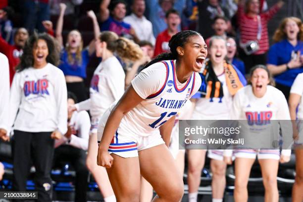 Mya Nichols of the Kansas Jayhawks celebrates during the second half of the first round of the 2024 NCAA Women's Basketball Tournament held at Galen...