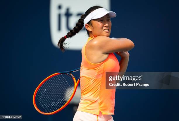 Claire Liu of the United States in action against Daria Kasatkina in the second round on Day 8 of the Miami Open Presented by Itau at Hard Rock...