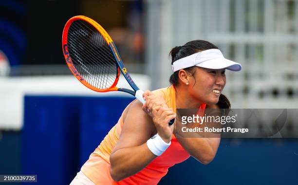Claire Liu of the United States in action against Daria Kasatkina in the second round on Day 8 of the Miami Open Presented by Itau at Hard Rock...