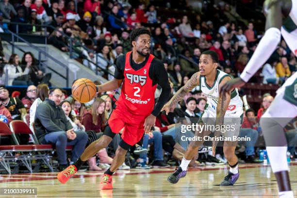 Kobi Simmons of the Raptors 905 shoots handles the ball during the game against the Wisconsin Herd on March 23, 2024 at the Paramount Fine Foods...