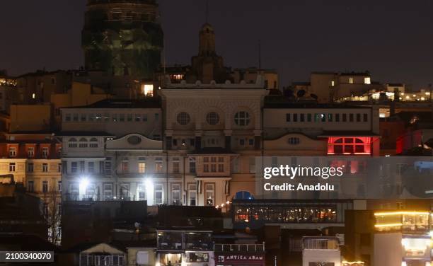 View of Galata Tower during the Earth Hour environmental campaign in Istanbul, Turkiye on March 23, 2024. Earth Hour takes place worldwide at 8.30...