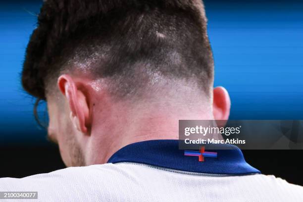 Detailof the multi coloured cross appearing on the new Nike design England kit worn for the first time during the international friendly match...