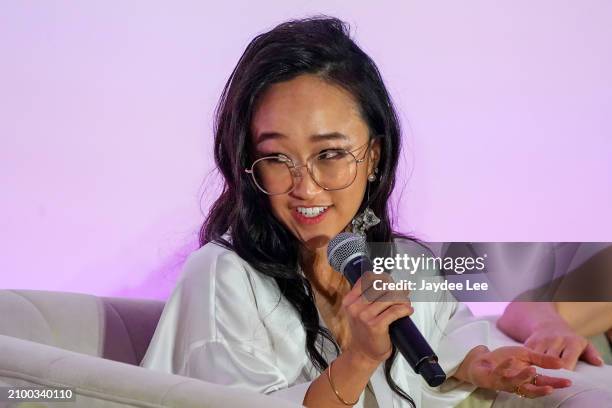 Cathy Ang speaks in Q&A discussion during the Passionflix's Wallbanger Premiere at Passioncon at Hyatt Regency Grand Reserve on March 22, 2024 in San...