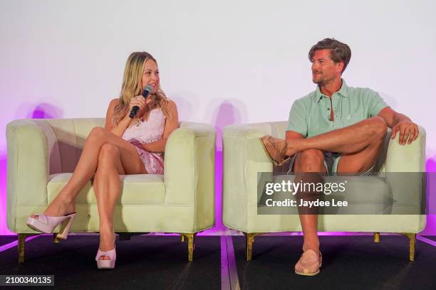 Kelli Berglund and Amadeus Serafini speak during the Passionflix's Wallbanger Premiere at Passioncon at Hyatt Regency Grand Reserve on March 22, 2024...