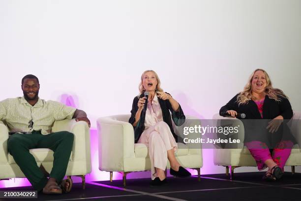 Cedrick Cooper, Passionflix CEO Tosca Musk, and author Alice Clayton take part in a Q&A following the Passionflix's Wallbanger Premiere at Passioncon...