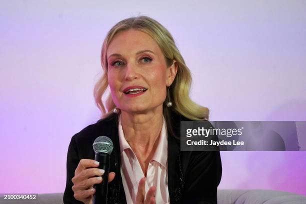 Tosca Musk, CEO and Co-Founder of Passionflix, speaks about "Wallbanger" during a Q&A session during the Passionflix's Wallbanger Premiere at...
