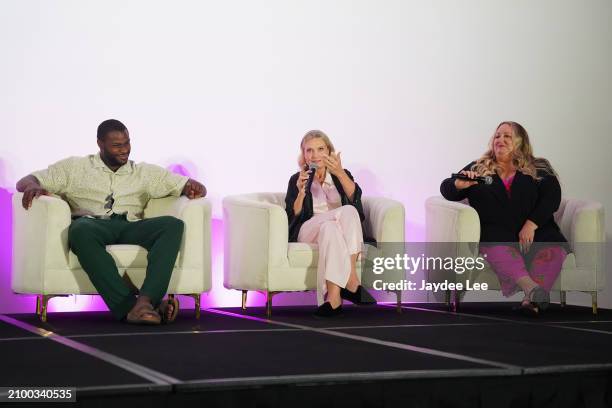 Cedrick Cooper, Passionflix CEO Tosca Musk, and author Alice Clayton take part in a Q&A following the Passionflix's Wallbanger Premiere at Passioncon...