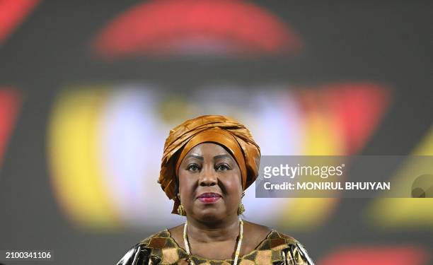 Former FIFA Secretary General Fatma Samoura looks on before receiving an appreciation award from the African Union Sports Council during the closing...
