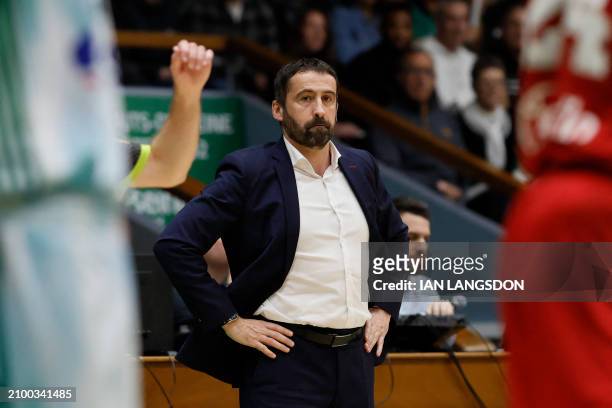 Bourg-en-Bresse's head coach Frederic Fauthoux looks on from the sidelines during the French Ligue Nationale de Basket Pro A match between Nanterre...