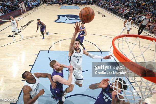 Scotty Pippen Jr. #1 of the Memphis Grizzlies drives to the basket during the game against the Charlotte Hornets on March 13, 2024 at FedExForum in...